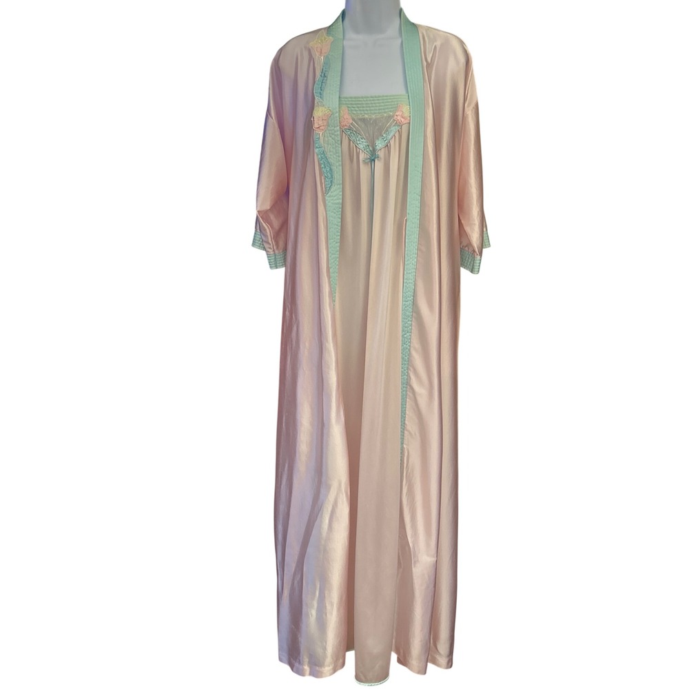 80s Lorraine Nightgown Robe Set Coquette Pastel Grandmacore Vintage Pink Mint